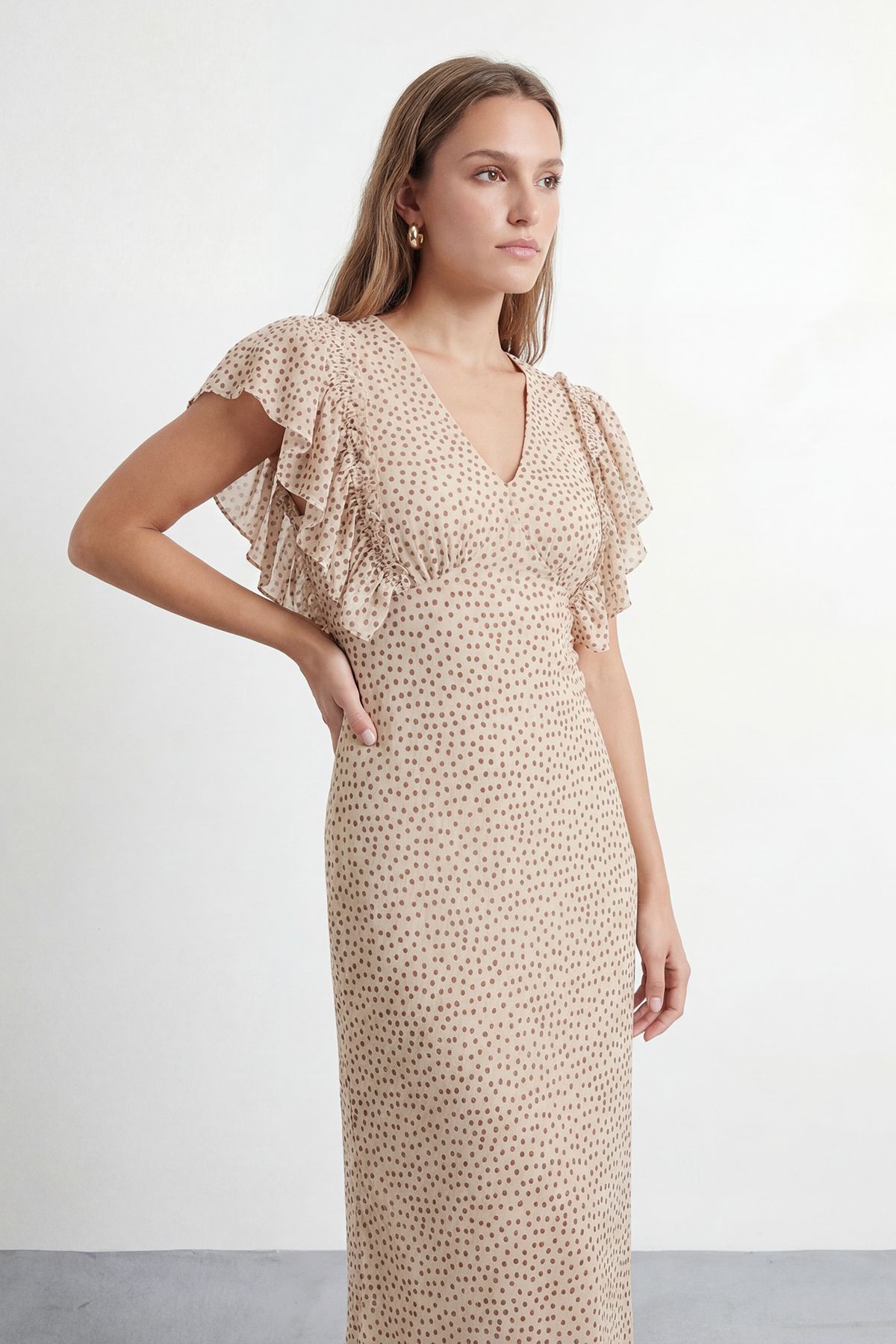 Warehouse Petite Spot Print Ruffled Sleeve V Neck Maxi Dress Ivory image 2