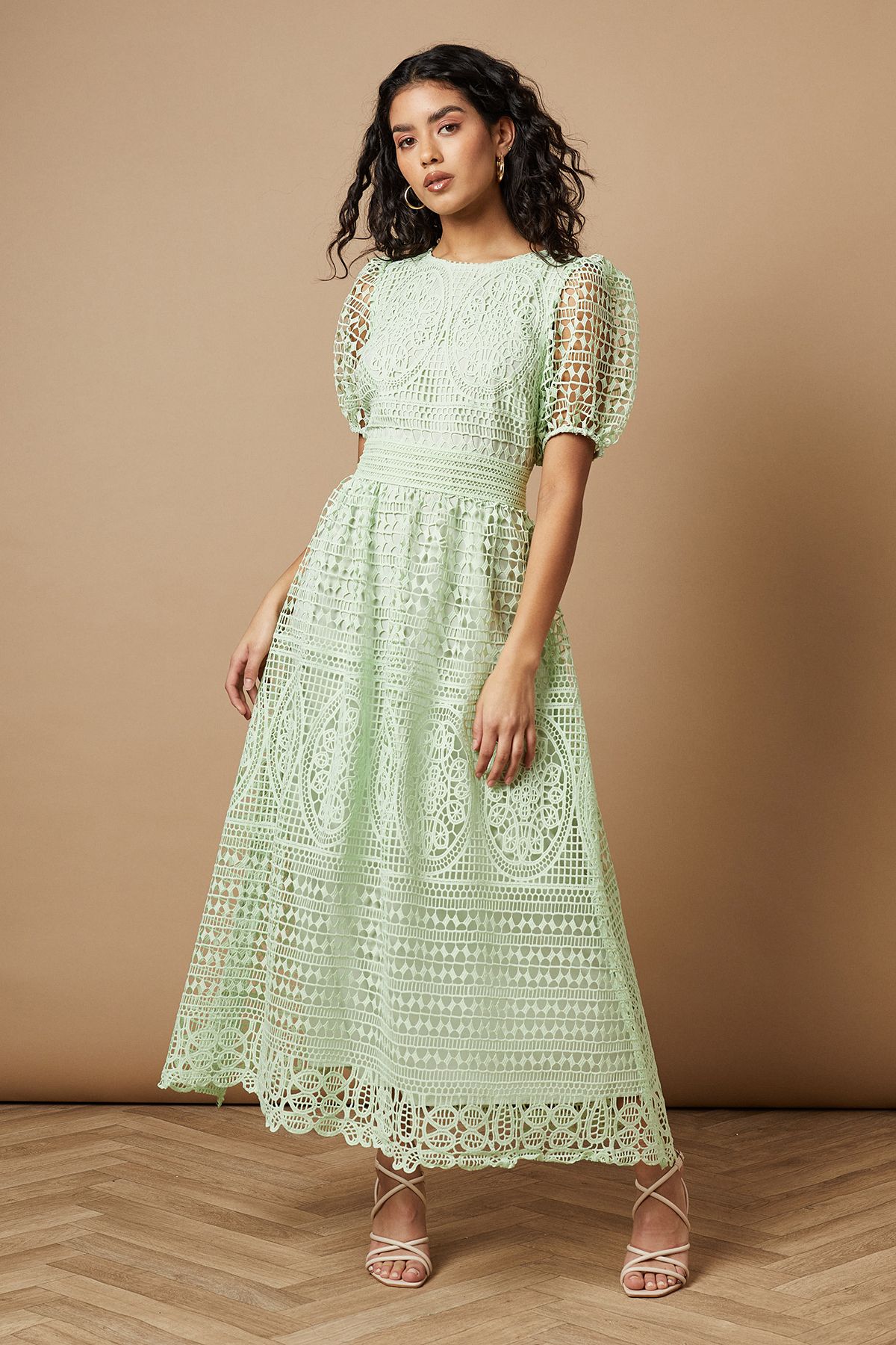 Oasis Petite Lace Puff Sleeve Midaxi Dress Pistachio