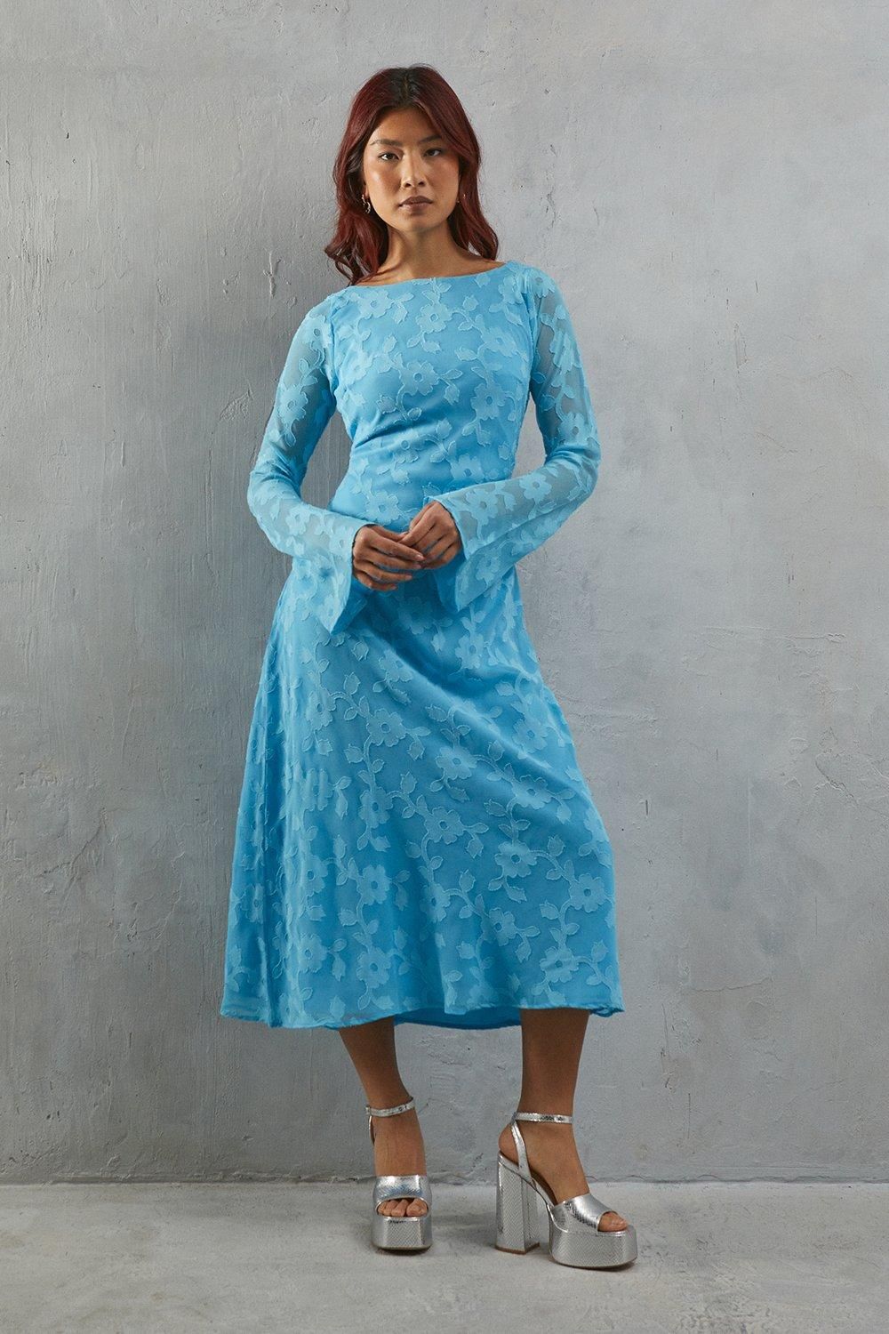 Warehouse Burnout Chiffon Slash Neck Flutter Sleeve Bias Midi Dress Blue image 1