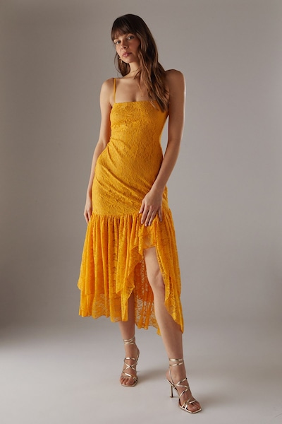 Warehouse Lace Strappy Drop Waist Ruffle Midi Dress Orange