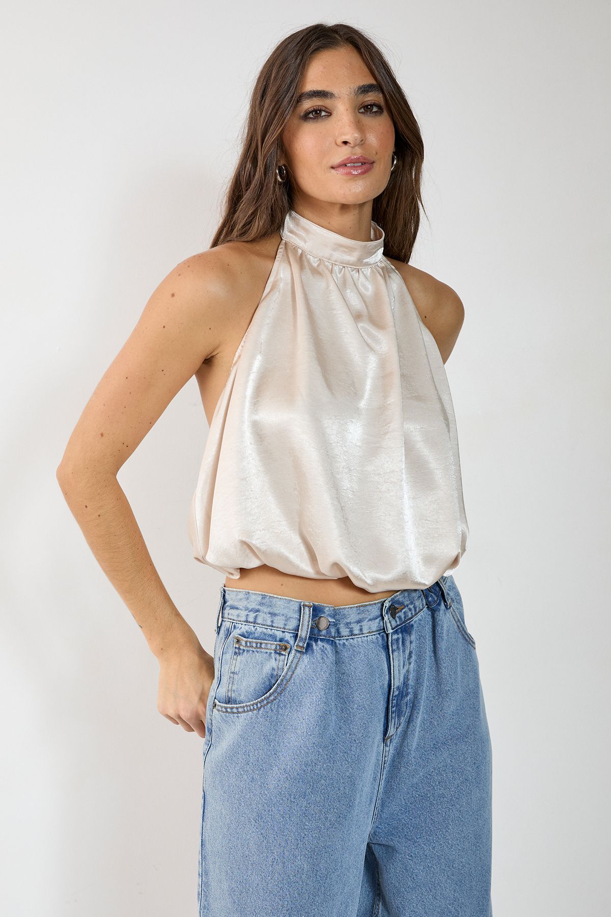 NastyGal Satin High Neck Puffball Top Oyster image 1