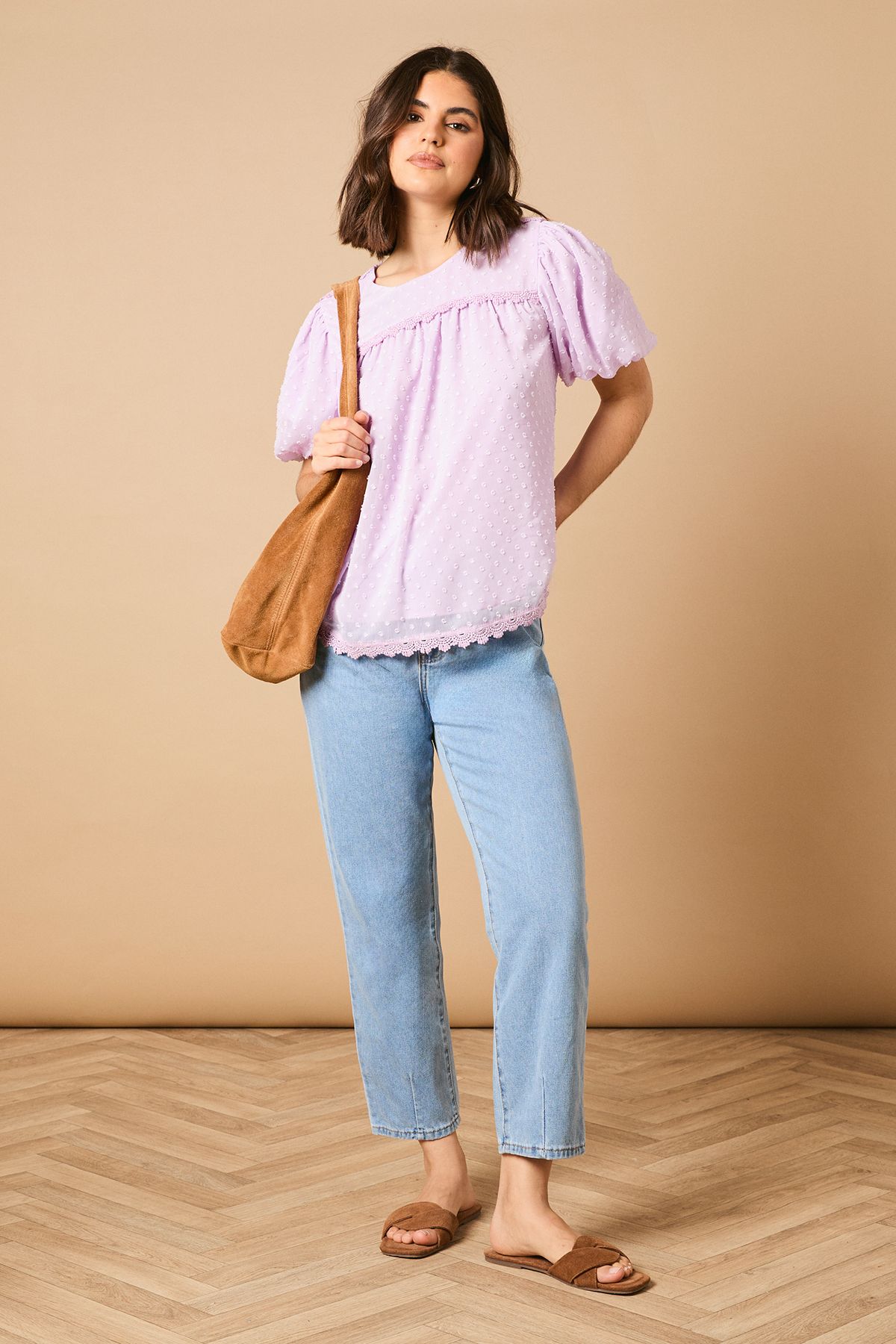 Oasis Lace Trim Puff Sleeve Blouse Purple image 1