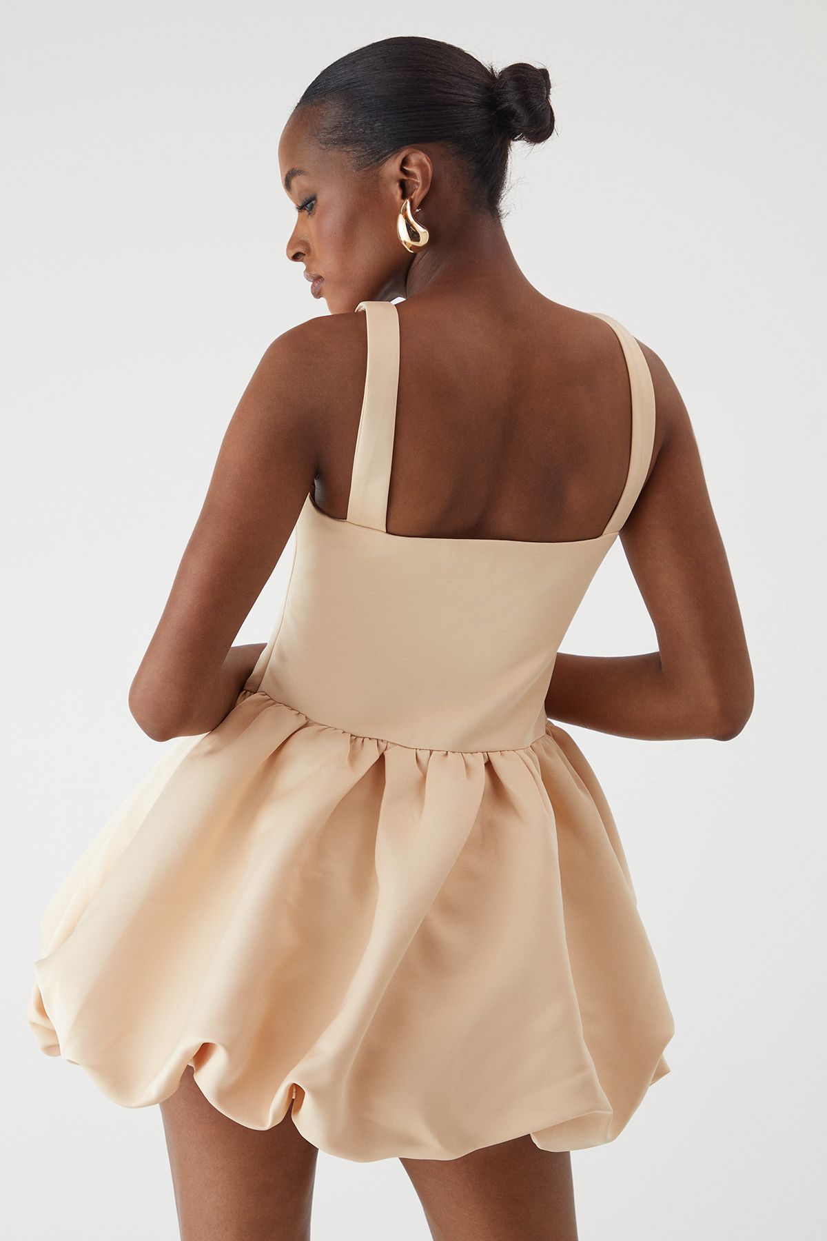 MissPap Duchess Satin Square Neckline Dipped Waist Voluminous Mini Dress Champagne image 3