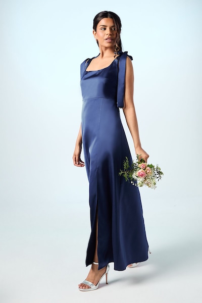Oasis Petite Satin Tie Shoulder Midi Bridesmaid Dress Navy