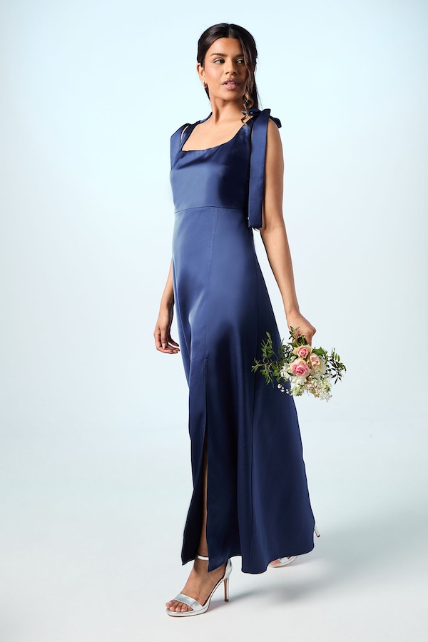 Oasis Oasis by Coast Petite Satin Tie Shoulder Midi Bridesmaid Dress Navy