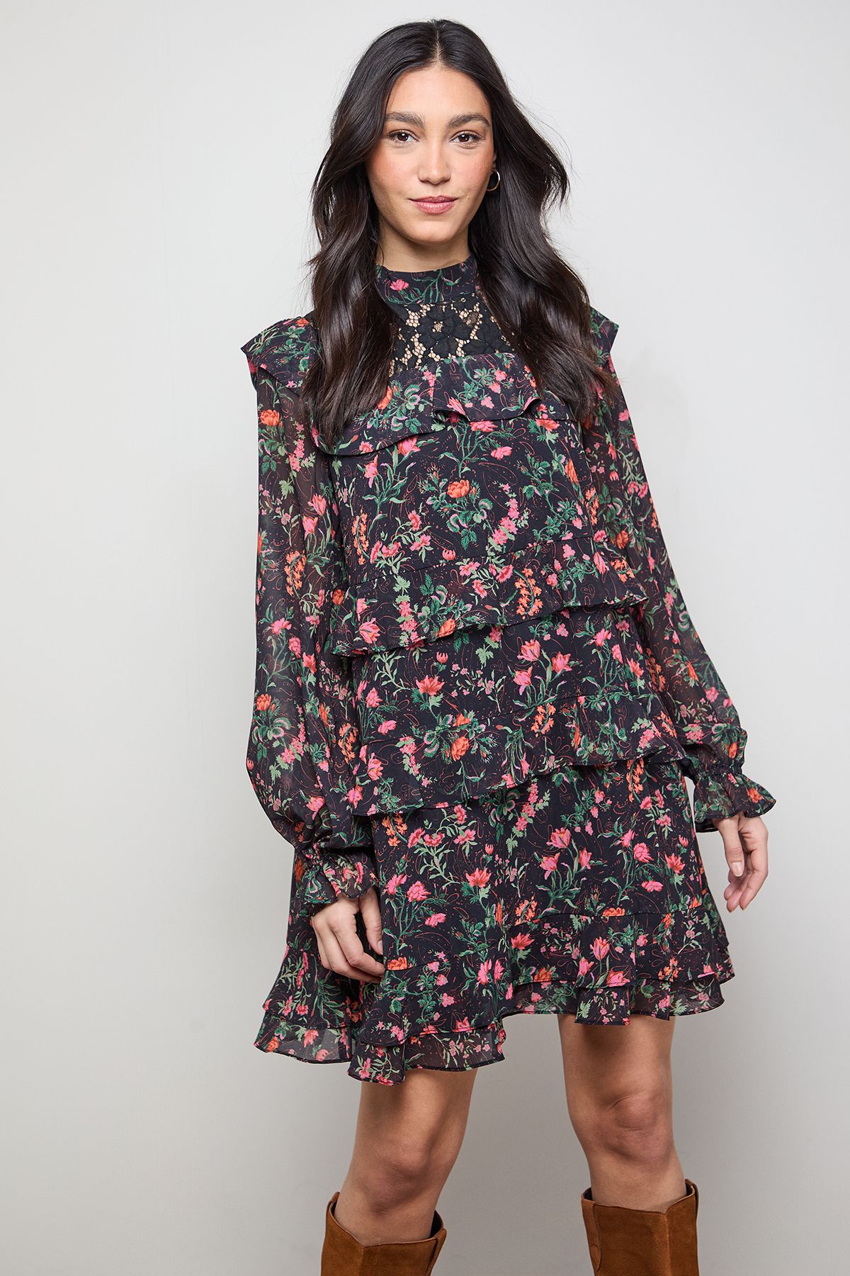 Oasis Printed Chiffon Lace Detail Tiered Long Sleeve Mini Dress Black image 2