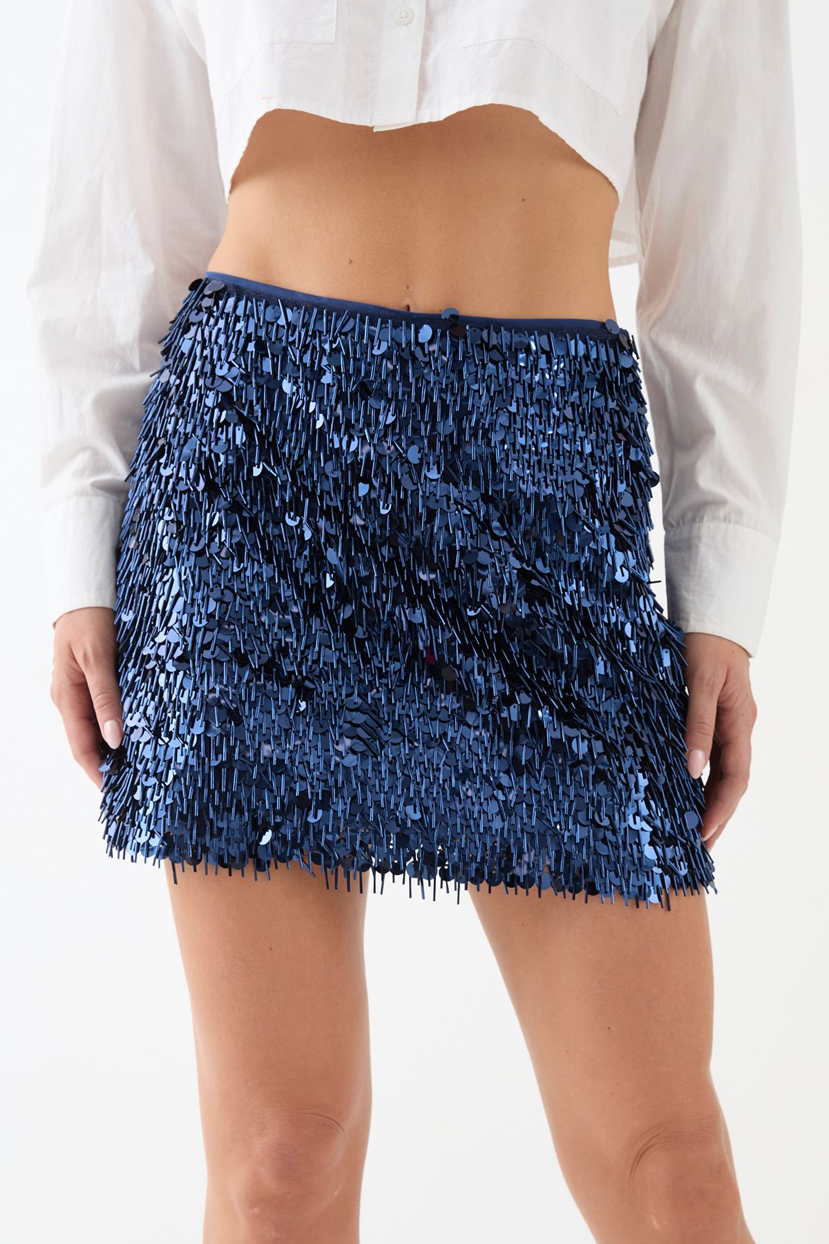 MissPap Premium Mixed Sequin Embellished Mini Skirt Navy image 4