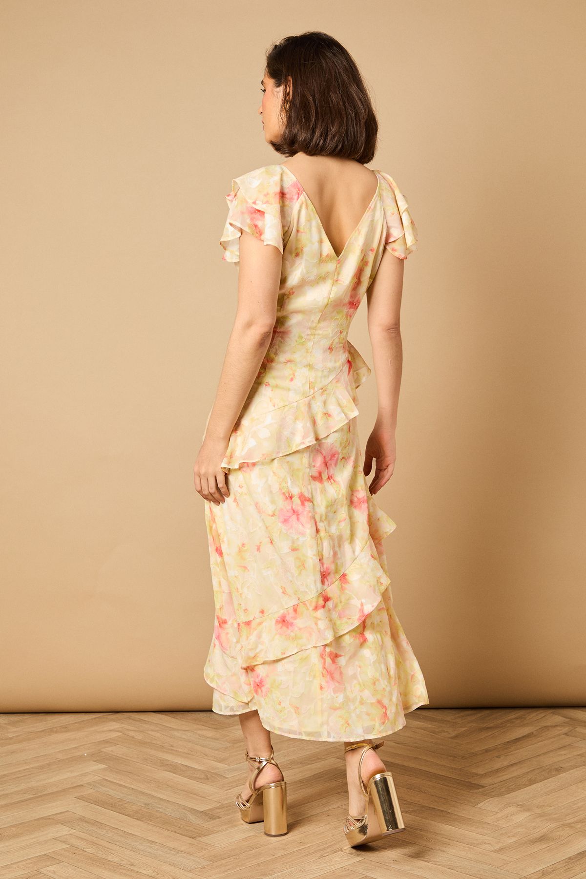 Oasis Ruffle Sleeve Jacquard Midi Dress Yellow image 4