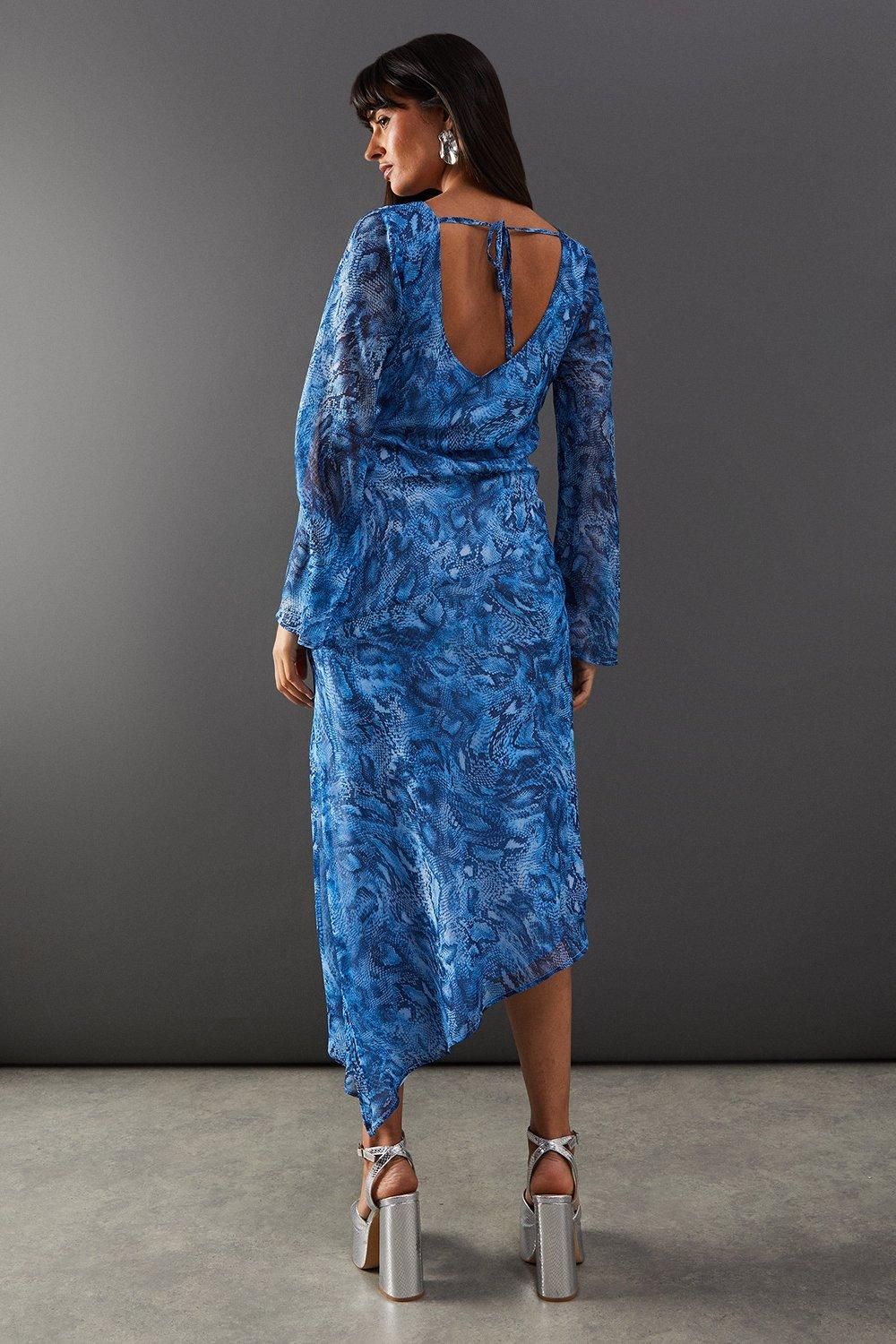 Warehouse Chiffon Snake Print Asymmetric Hem Flute Sleeve Midi Dress Blue image 3
