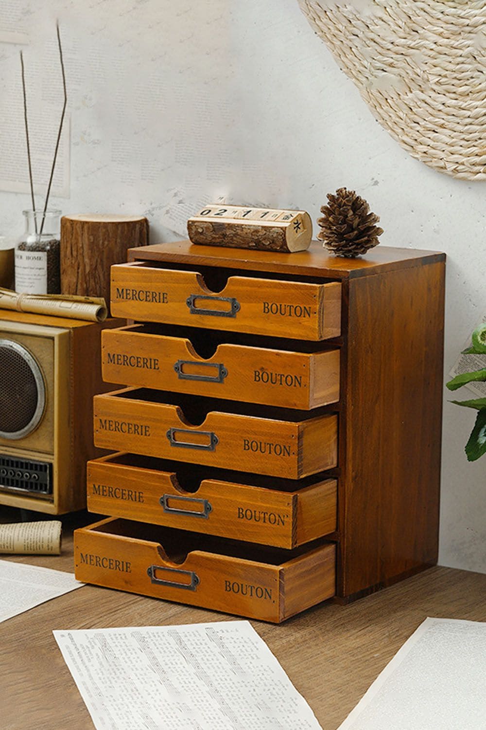 Living and Home Vintage Wooden Storage Box Brown Home Office Desk Organizer With 5 Drawers image 3