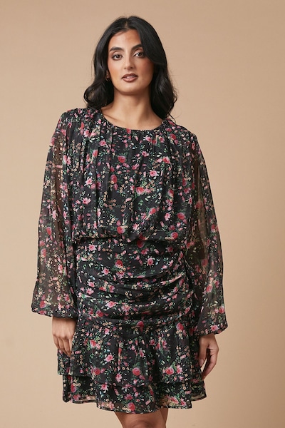 Oasis Floral Chiffon Gathered Ruched Mini Dress True Black