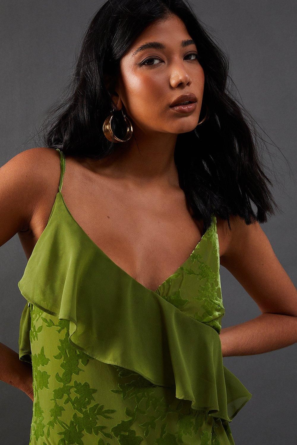 Warehouse Premium Velvet Chiffon Mix Frill Strappy Midaxi Dress Green image 2