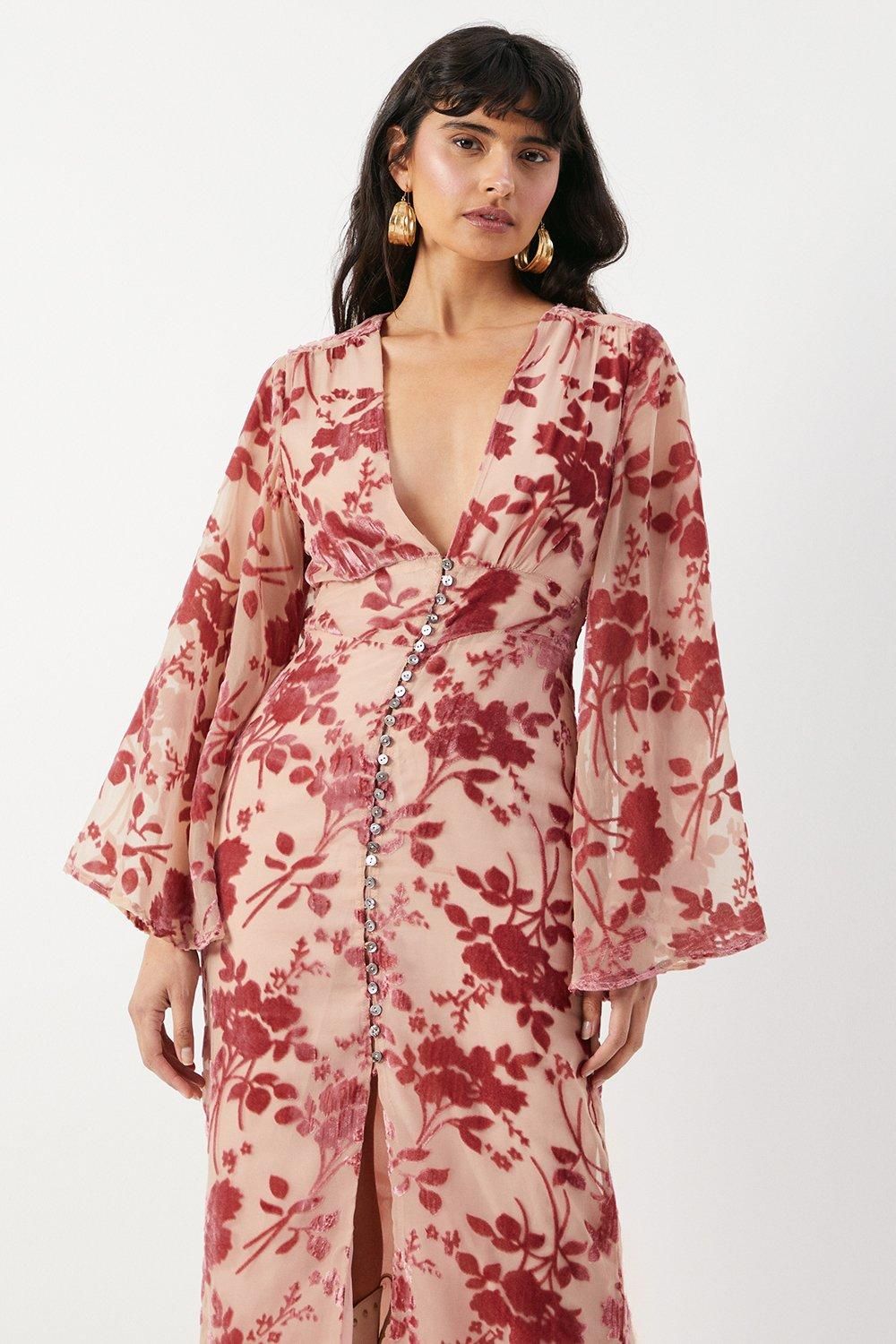 Warehouse Velvet Plunge Neck Flared Sleeve Button Through Midi Dress Red image 2