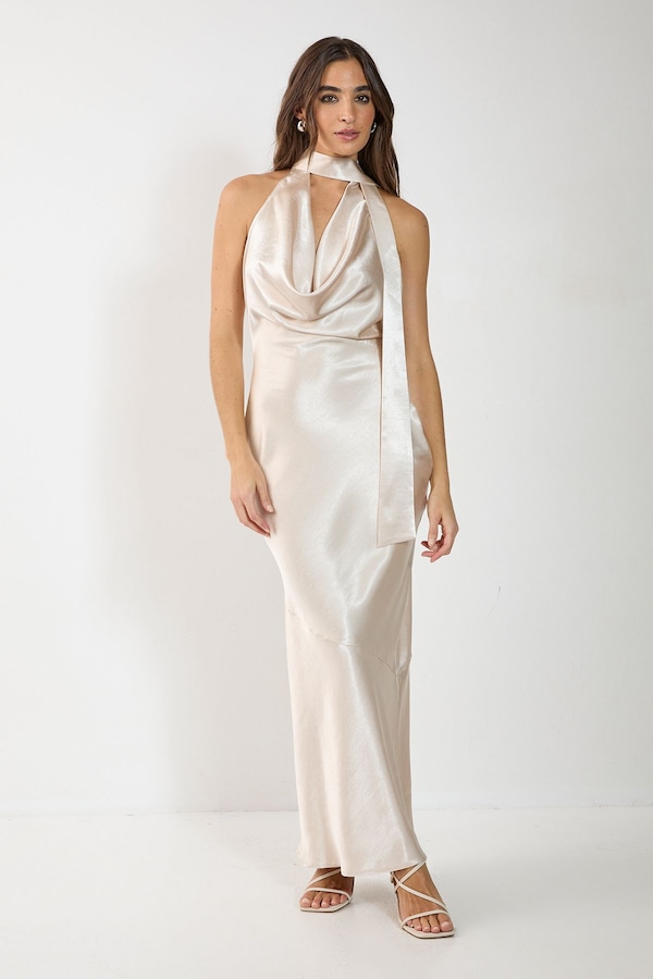 NastyGal Satin Wrap High Neck Cowl Front Maxi Dress Oyster