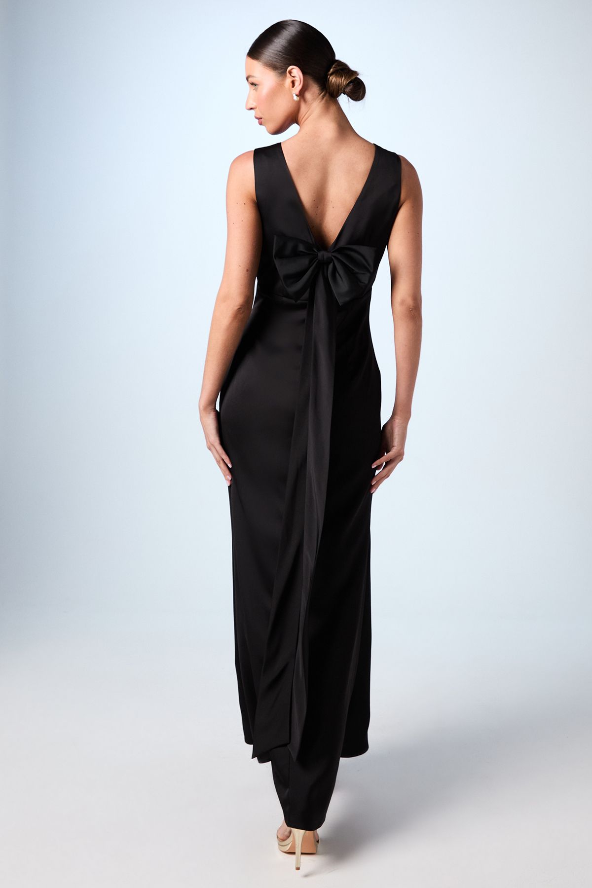 Coast Bow Back V Neck Satin Bridesmaid Dress Black image 3