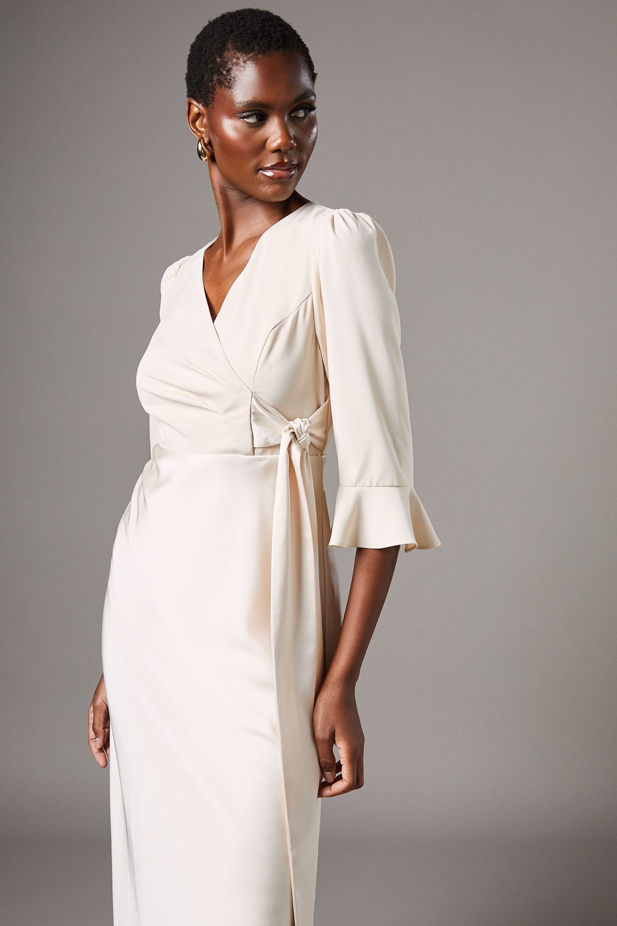 Coast Ruffle Sleeve Satin Back Crepe Wrap Dress Champagne image 2