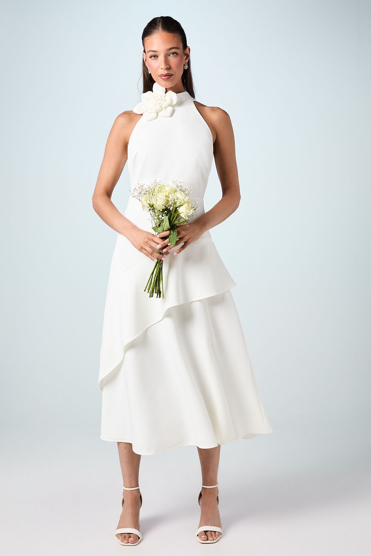 Coast High Neck Corsage Detail Midi Wedding Dress Ivory image 1