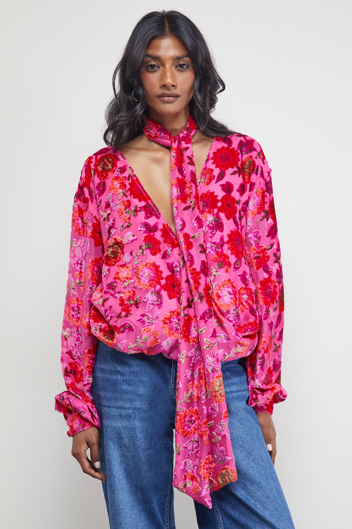 Warehouse Devore High Neck Wrap Front Blouse Pink image 1