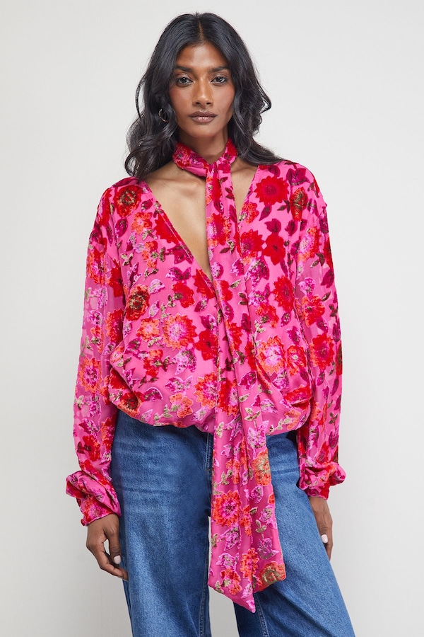 Warehouse Devore High Neck Wrap Front Blouse Pink