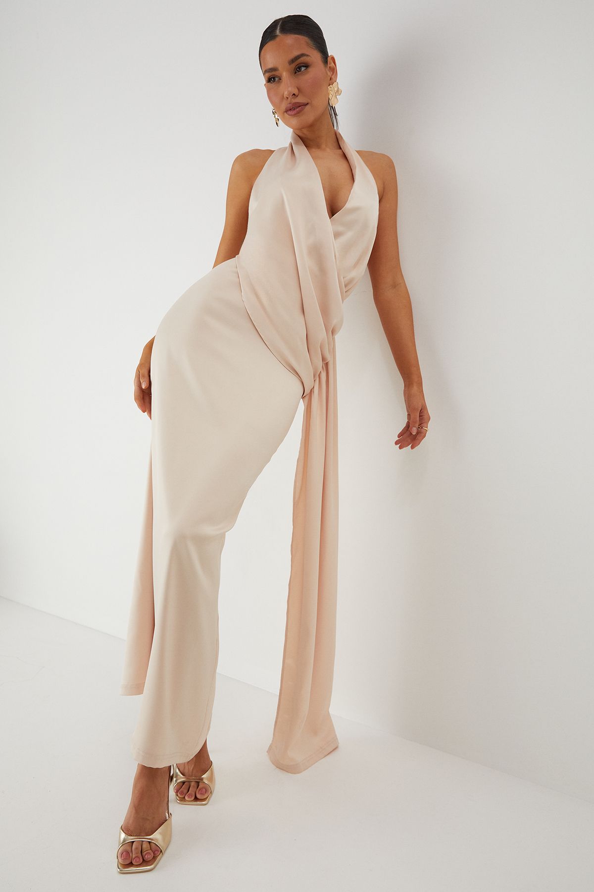 MissPap Satin Halterneck Draped Side Maxi Dress Champagne image 1