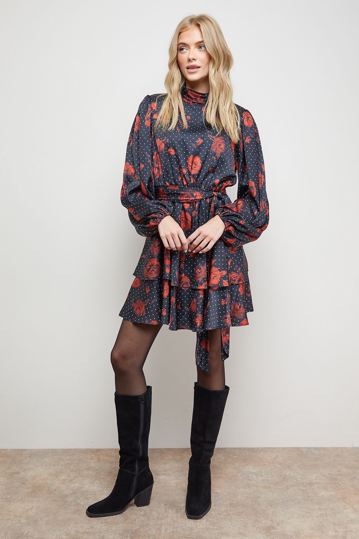 Oasis High Neck Printed Long Sleeve Mini Dress With Belt Floral image 2