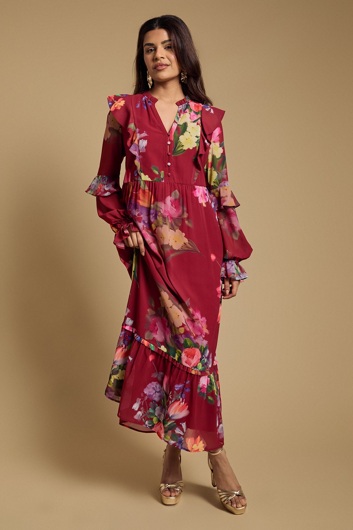 Oasis Petite Long Sleeve Ruffle Chiffon Tiered Maxi Dress Red image 1