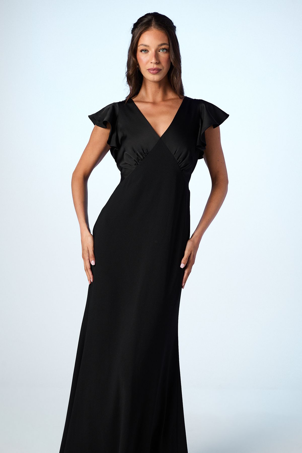 Coast Coast Honoured V Neck Angel Short Sleeve Satin Maxi Bridesmaid Dress Black image 2