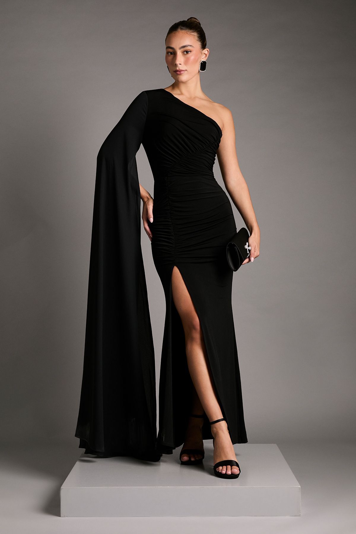 Coast One Shoulder Slinky Maxi Dress with Ruched Detailing Black image 1