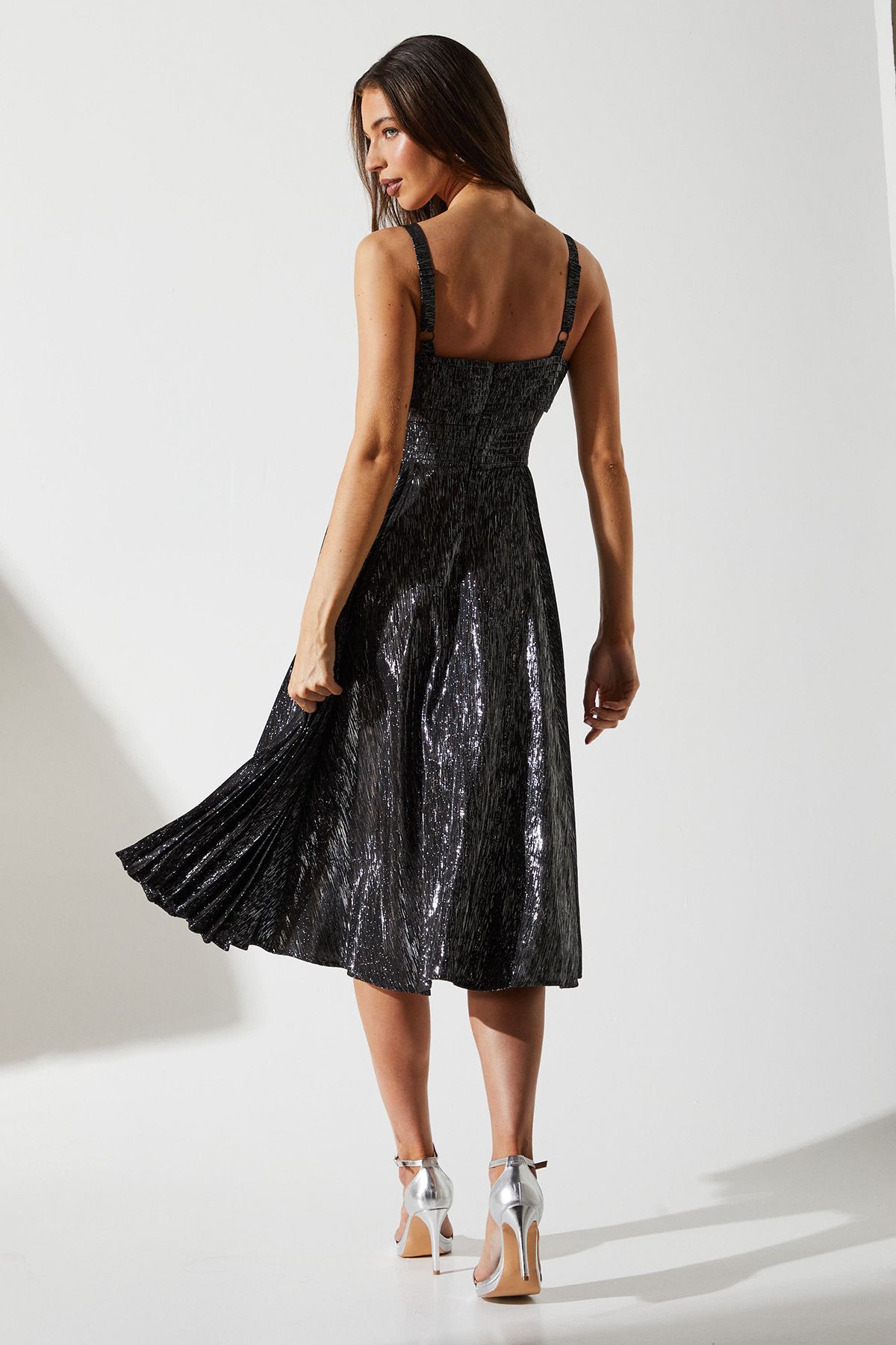 Coast Sparkle Jacquard Midi Wedding Guest Dress Black image 3