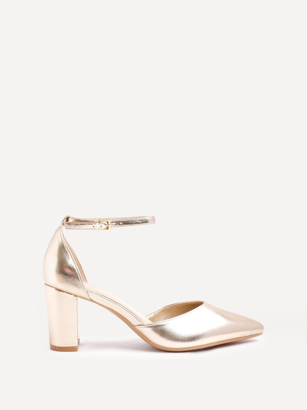 Linzi Leona Gold Faux Leather Closed Back Block Heeled Court Shoe