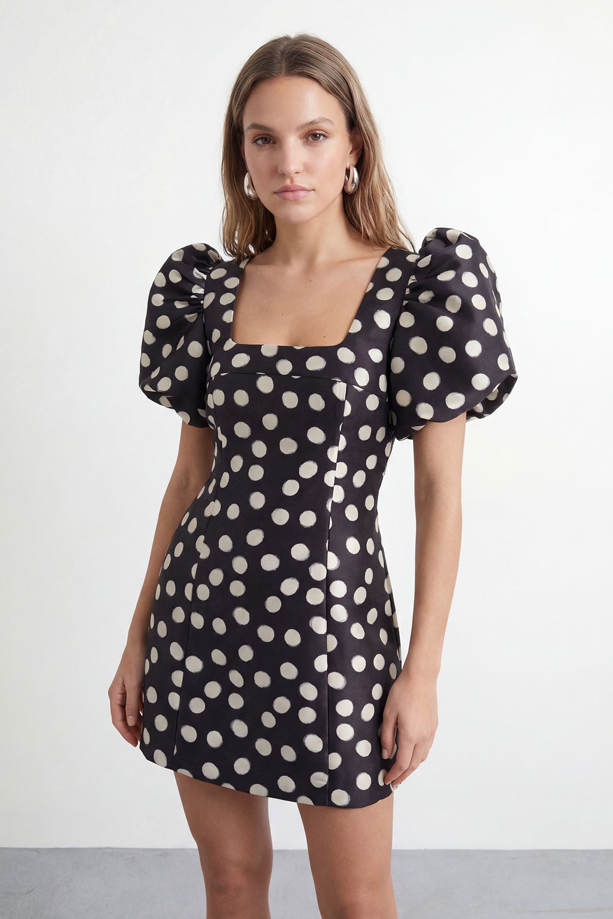 Warehouse Petite Polka Dot Puff Sleeve A-Line Mini Dress Mono