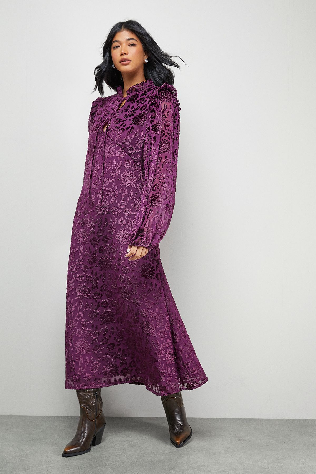 Warehouse Burnout Velvet Frill Shoulder Tie Front Midi Dress Purple