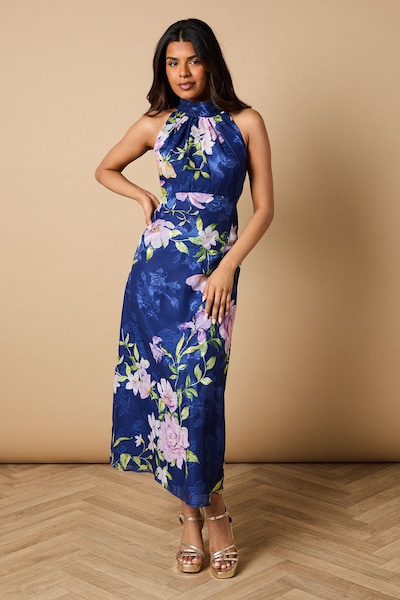 Oasis Petite Floral Satin Burnout Halterneck Midi Dress Multi
