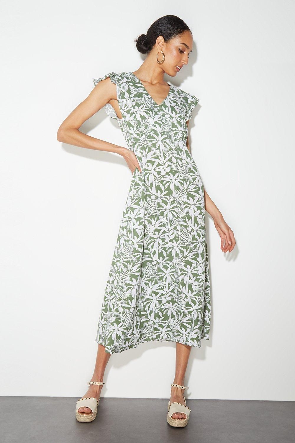 Dorothy Perkins Petite Safari Ruffle Sleeve Button Midi Dress Green