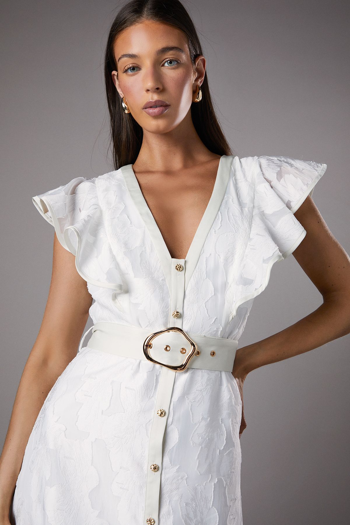 Coast V Neck Organza Jacquard Button Down Midi Dress Ivory image 4