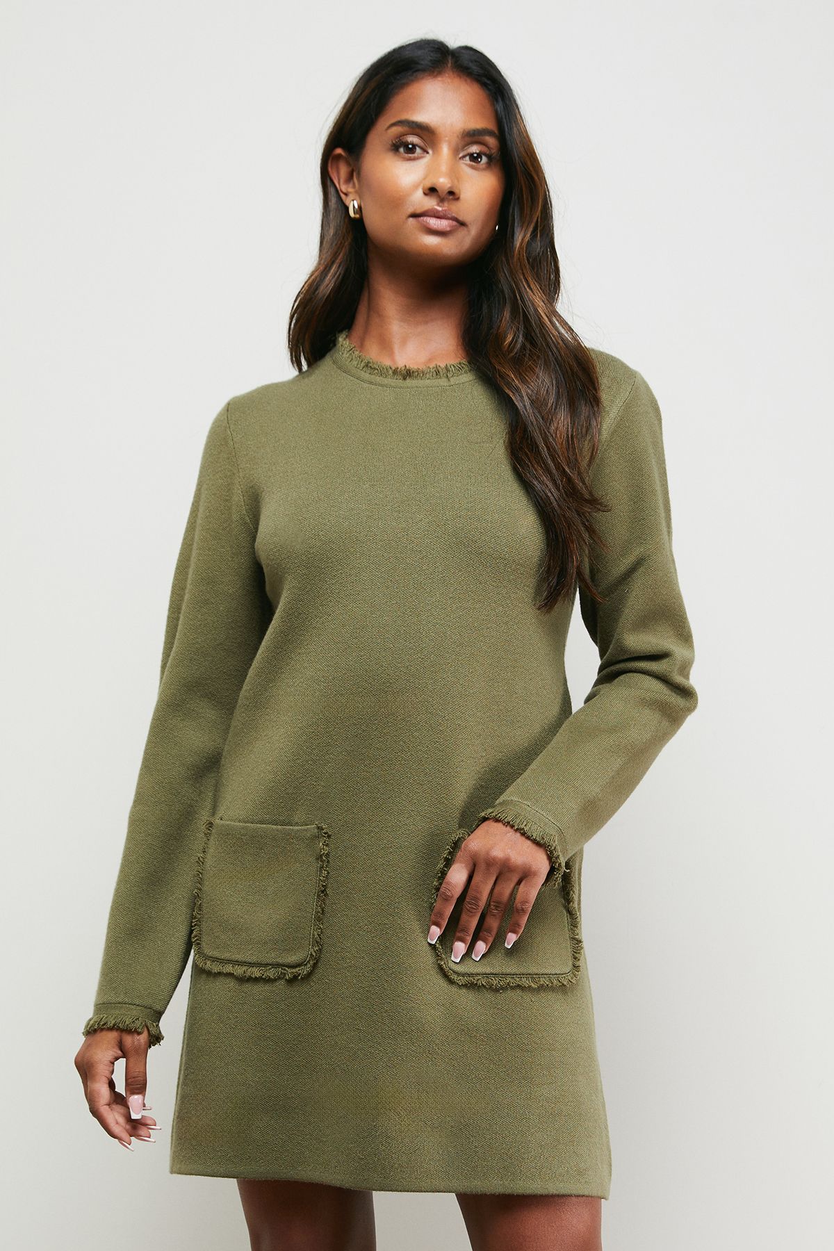 Oasis Fringe Detail Crew Neck Mini Dress Khaki image 2