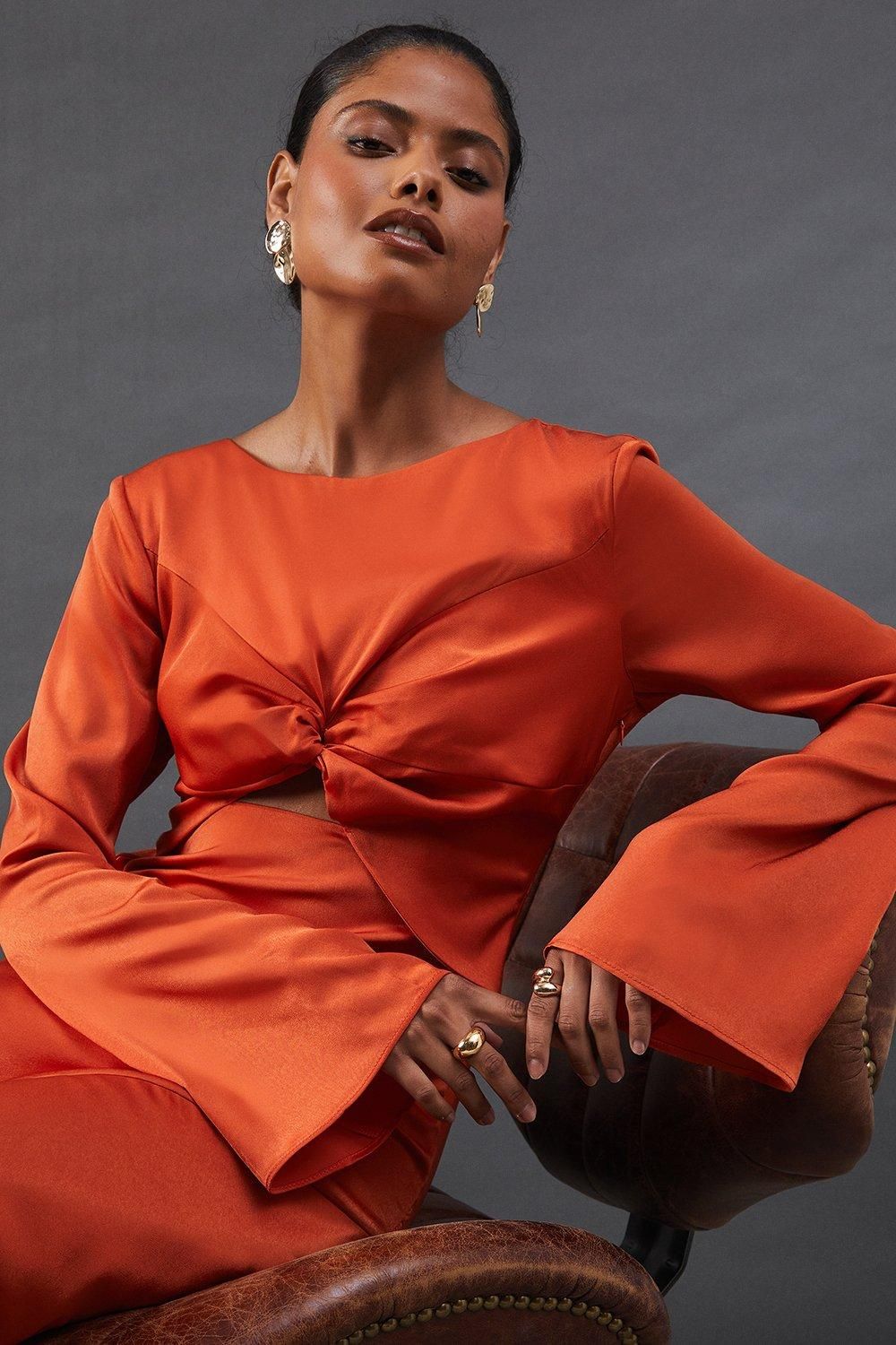 Warehouse Satin Twist Front Bias Midi Dress Orange image 2
