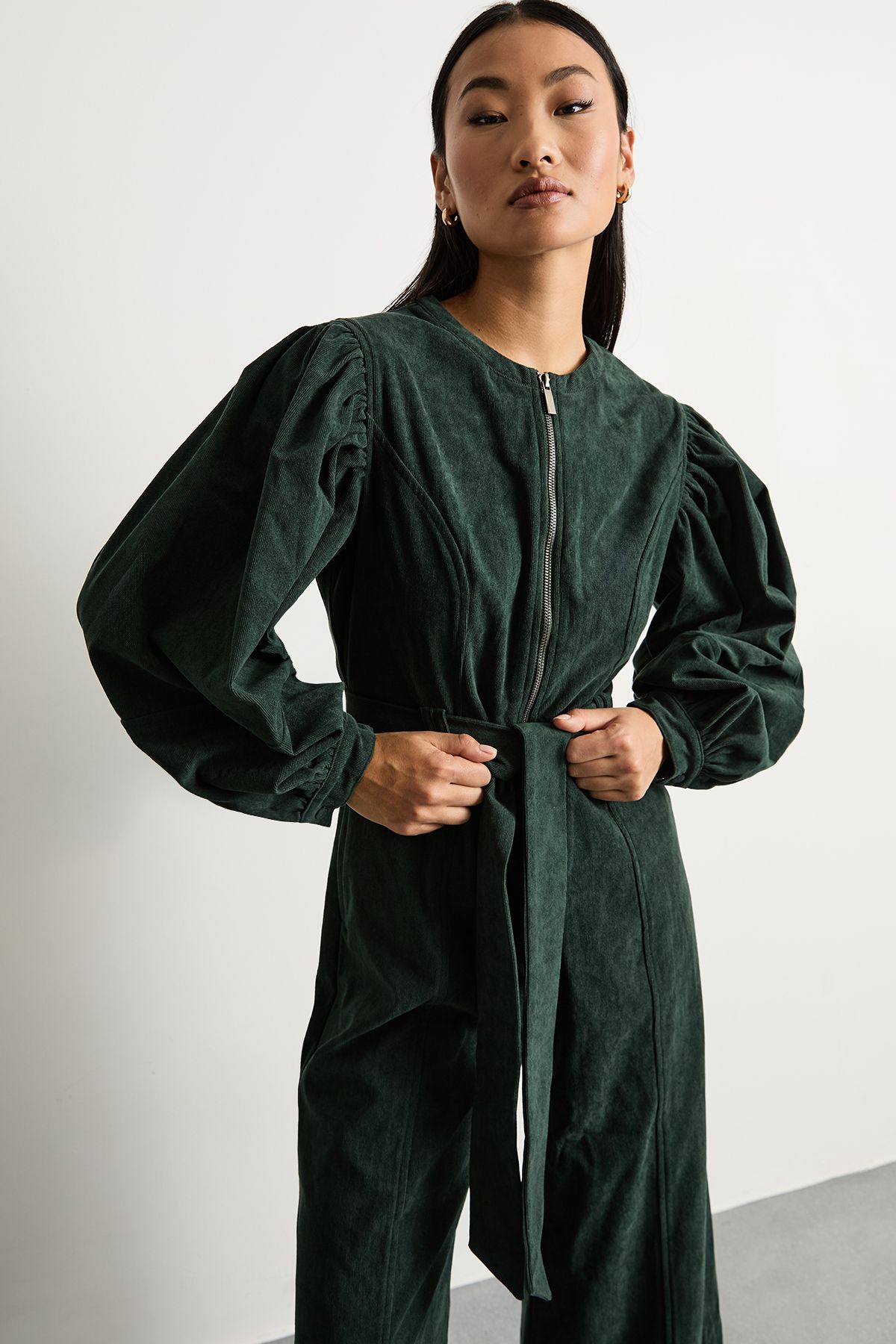 Warehouse Petite Cord Zip Through Belted Jumpsuit Dark Green image 2