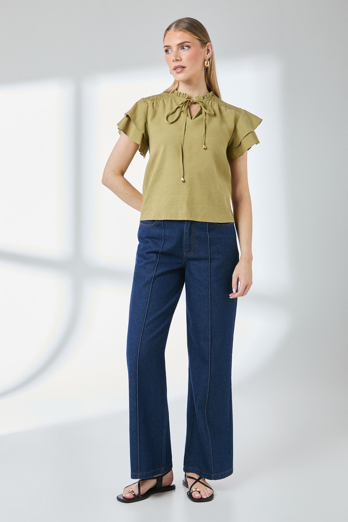 Principles Bubble Hem Flute Sleeve Top Olive image 1