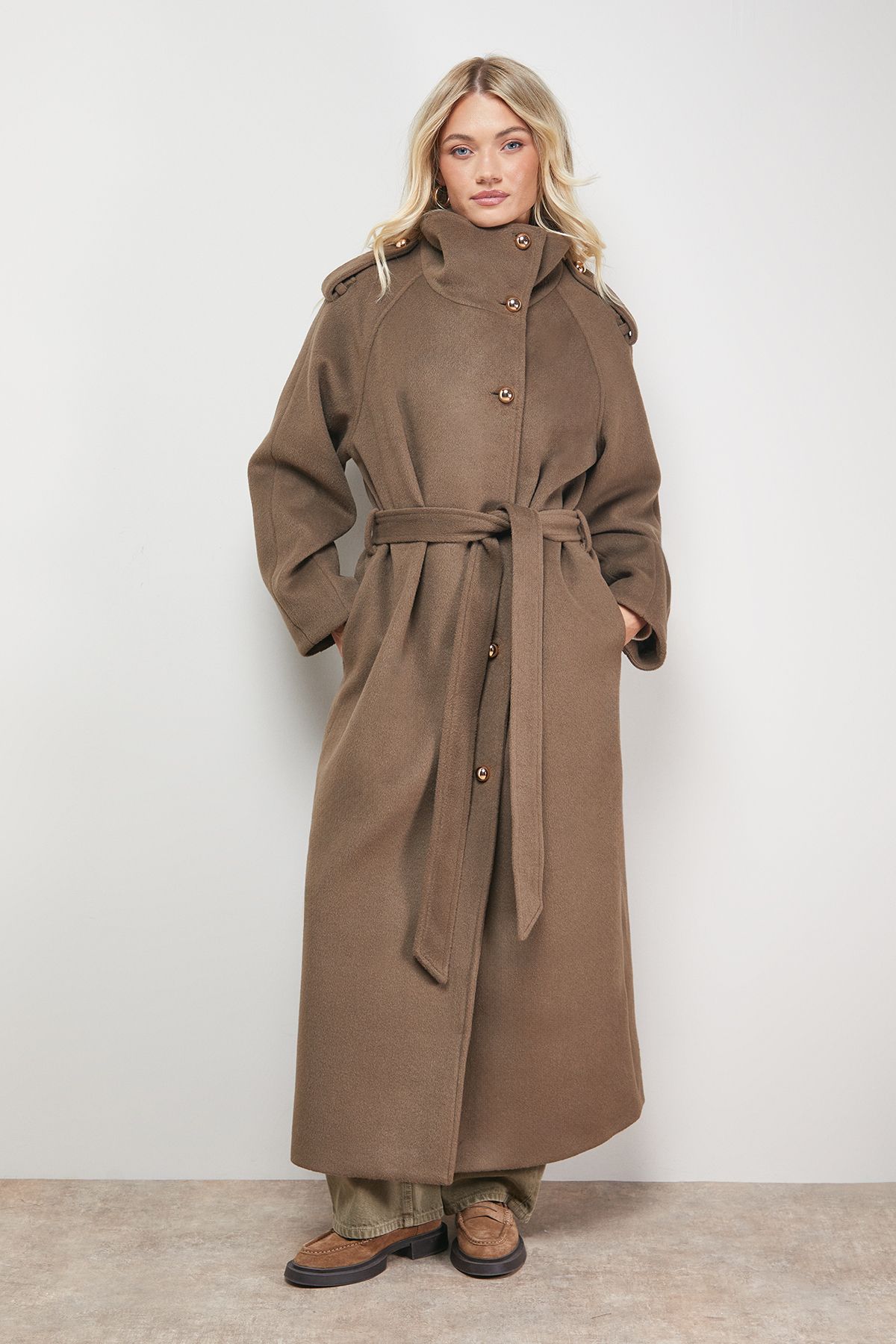 Oasis Funnel Sleeve Detail Belted Coat Mocha image 3