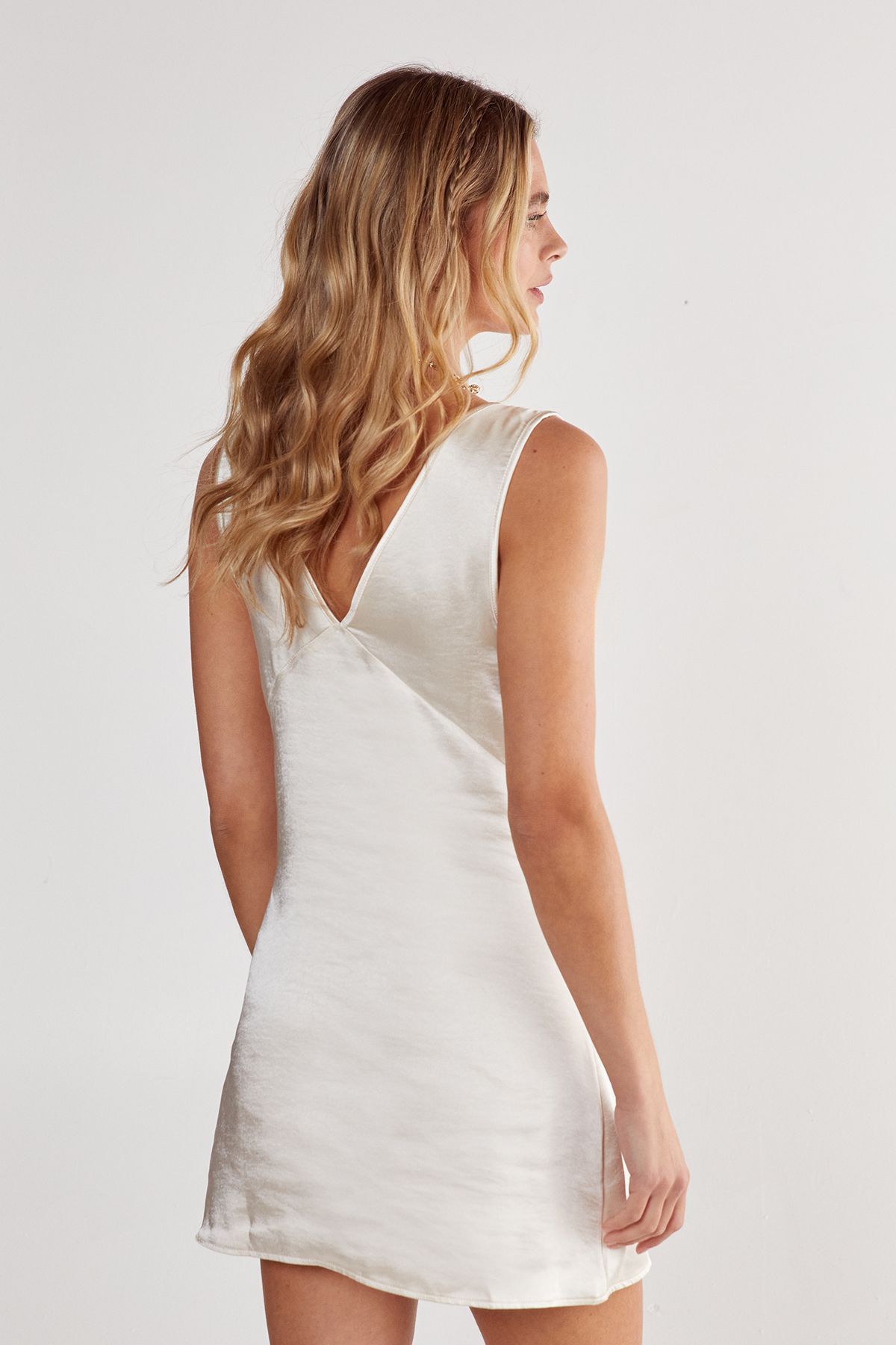 NastyGal Textured Satin Asymmetric Tie Plunge Mini Dress Champagne image 3