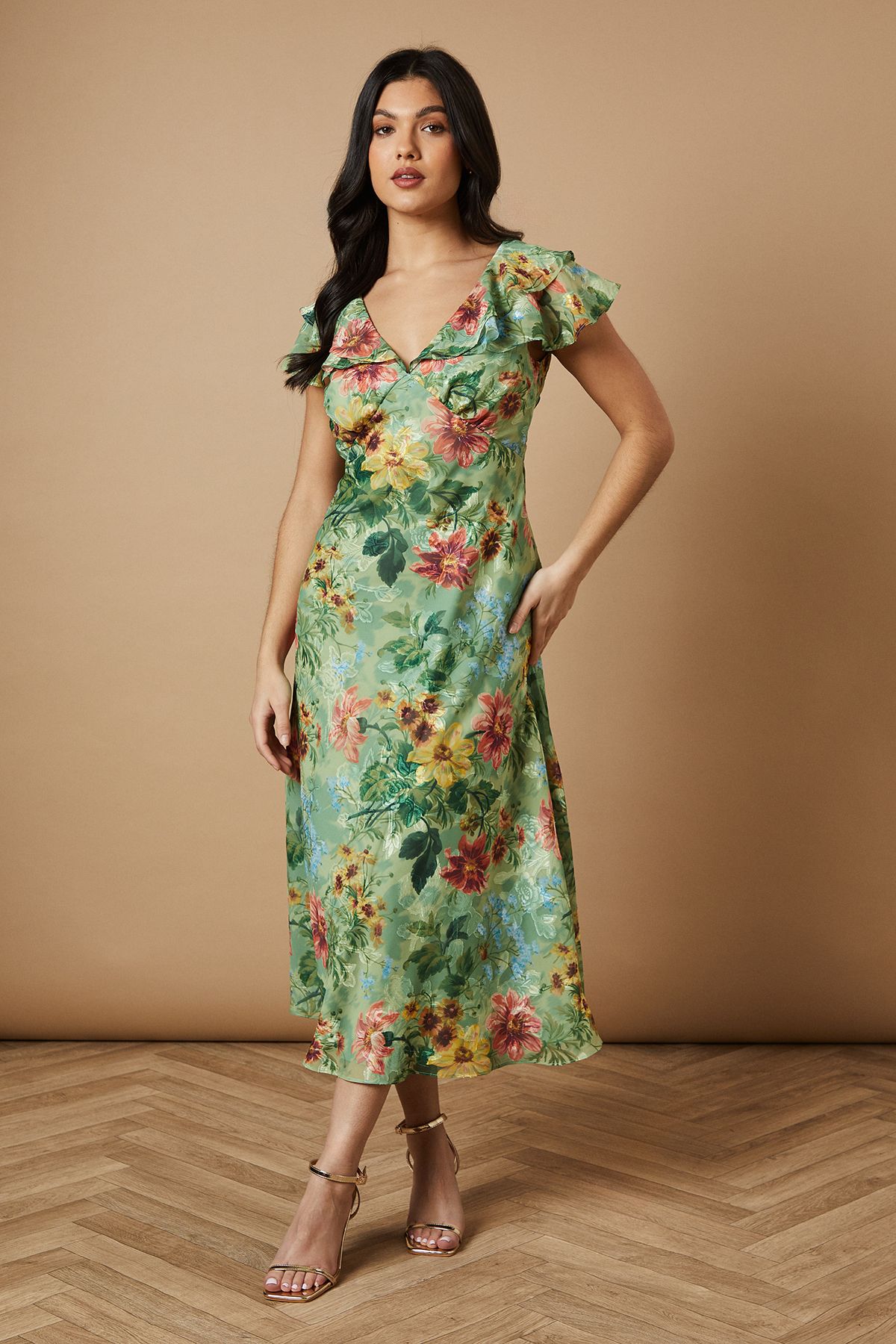Oasis Floral Satin Burnout Ruffle Midi Dress Sage image 1