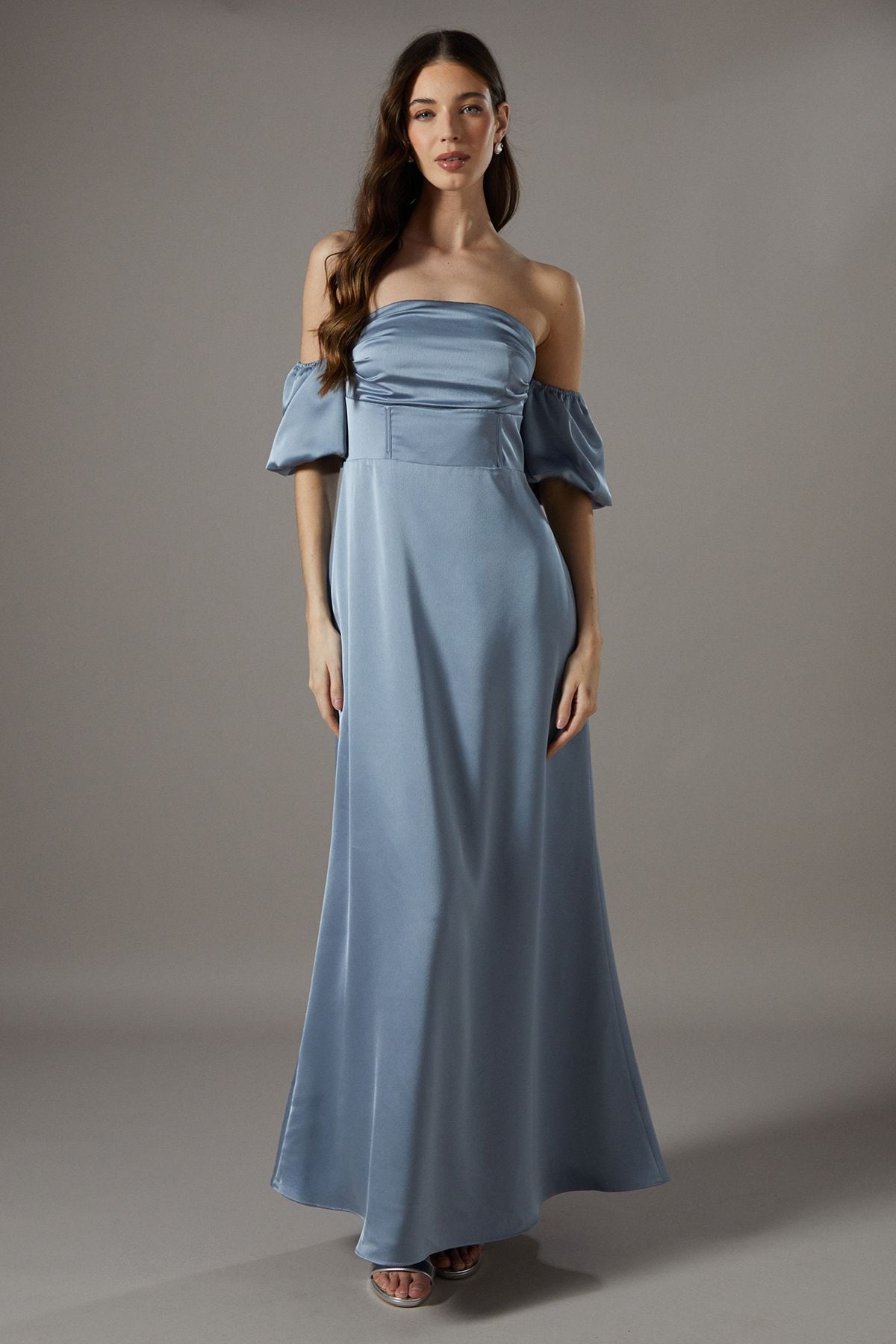 Coast Puff Sleeve Bardot Satin Maxi Bridesmaid Dress Dusty Blue image 1