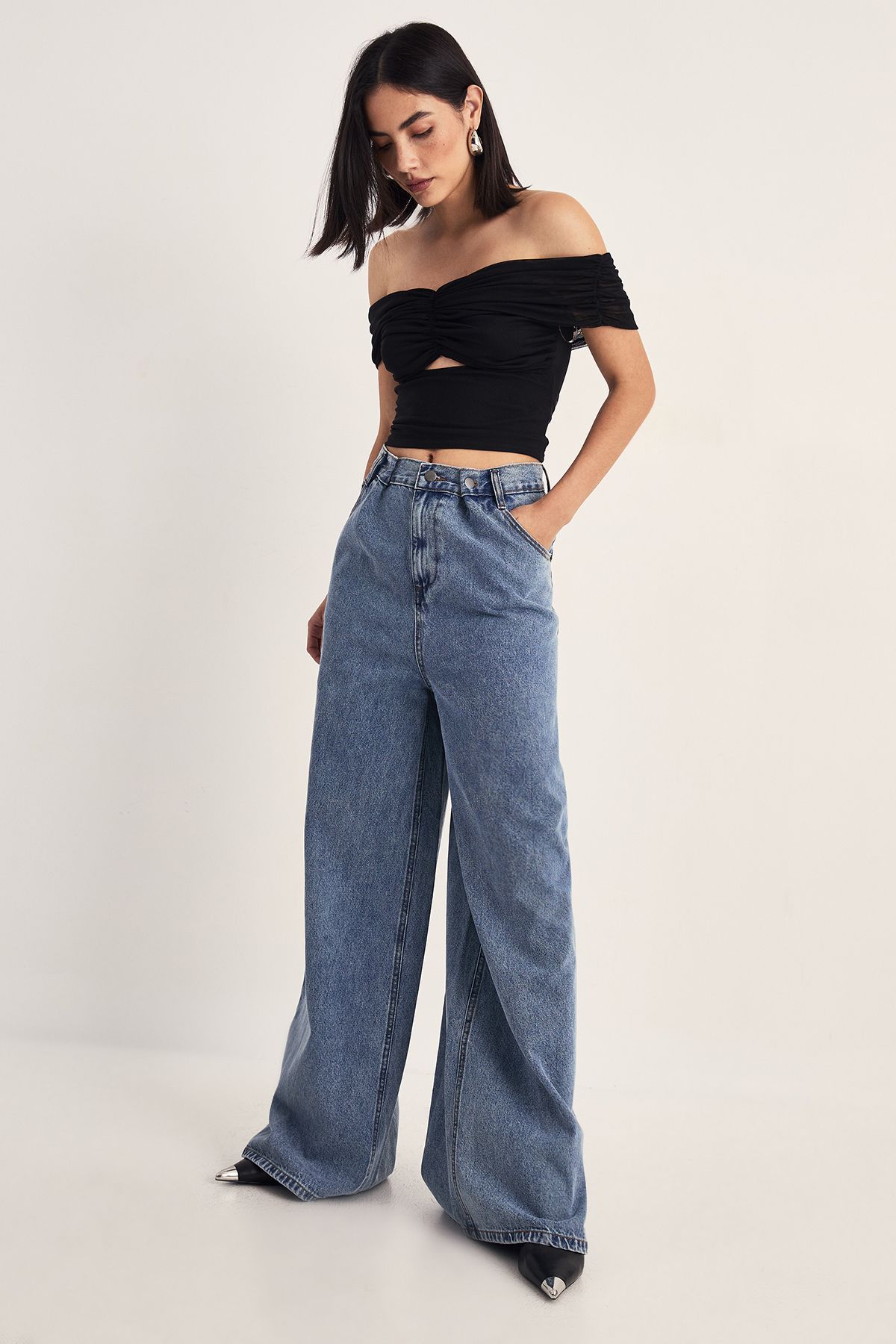 NastyGal Ruched Bardot Cut Out Top Black image 2