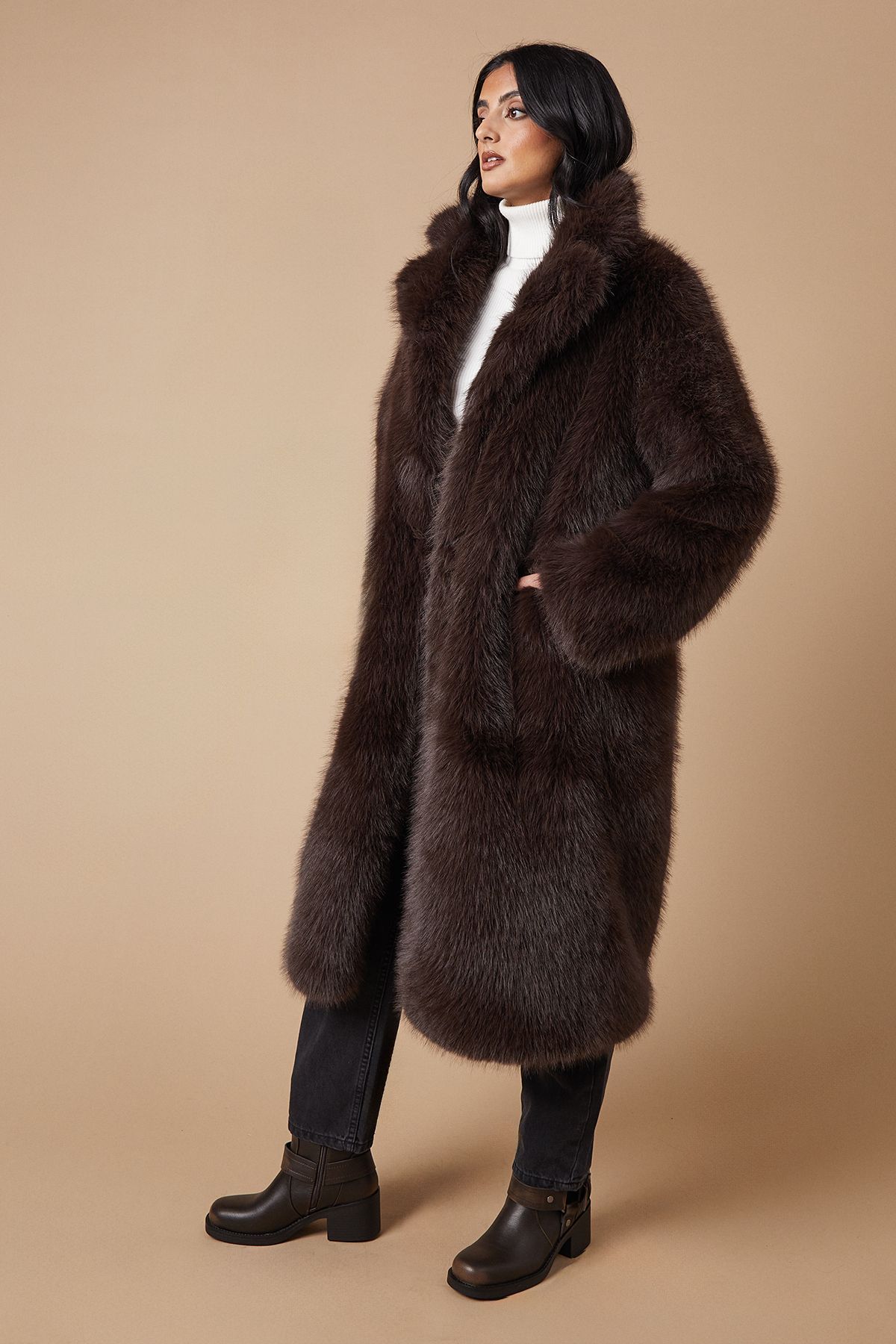 Oasis Faux Fur Midi Coat Chocolate image 2