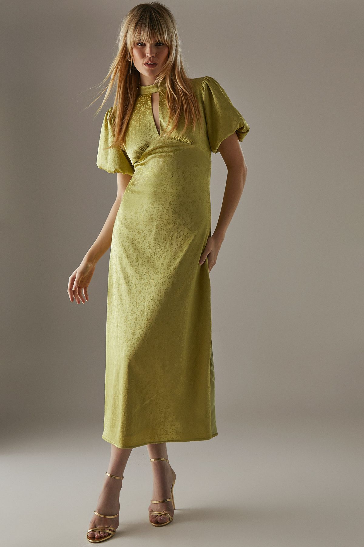 Warehouse Rose Satin Jacquard Puff Sleeve Tie Back Midi Dress Lime Yellow image 1