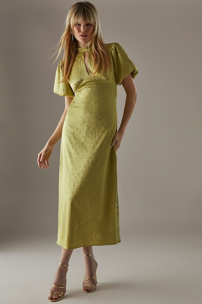 Warehouse Rose Satin Jacquard Puff Sleeve Tie Back Midi Dress Lime Yellow