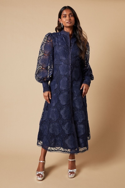 Oasis Premium Organza Lace Trim Midi Shirt Dress Navy
