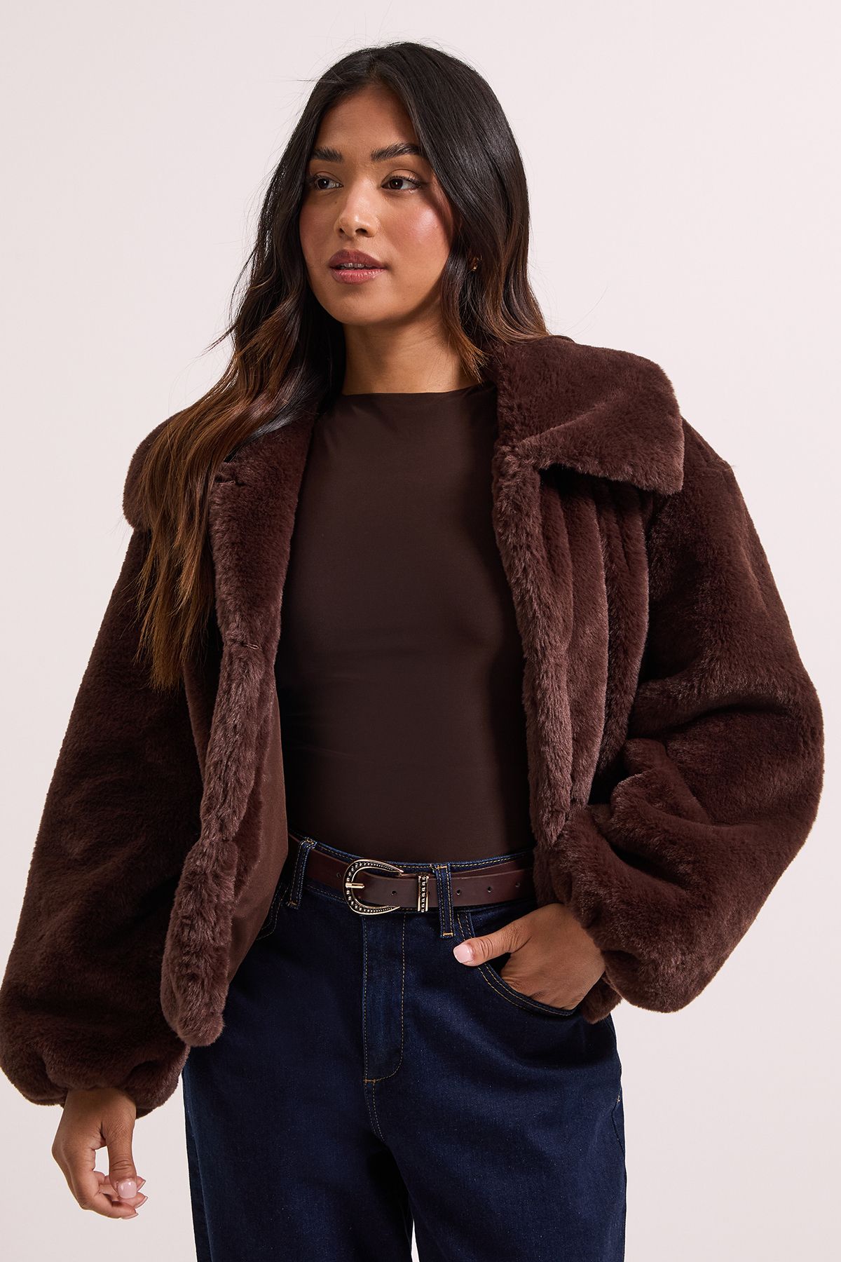 Dorothy Perkins Petite Faux Fur Coat Chocolate image 3