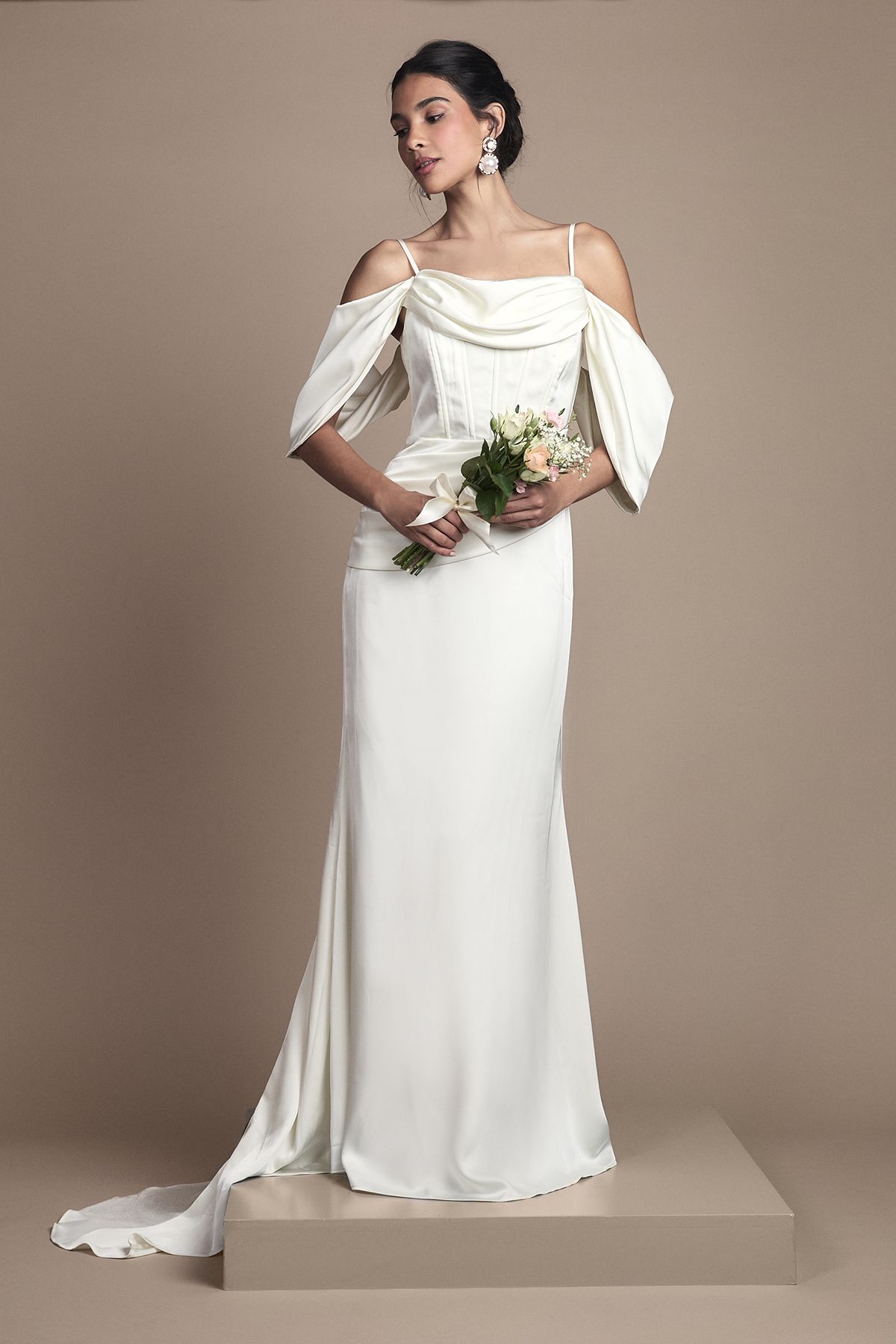 Coast Cowl Neck Corset Drape Satin Maxi Wedding Dress Oyster image 4
